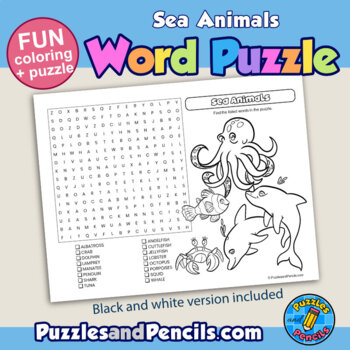 Sea animals activity page word search puzzle with coloring tpt