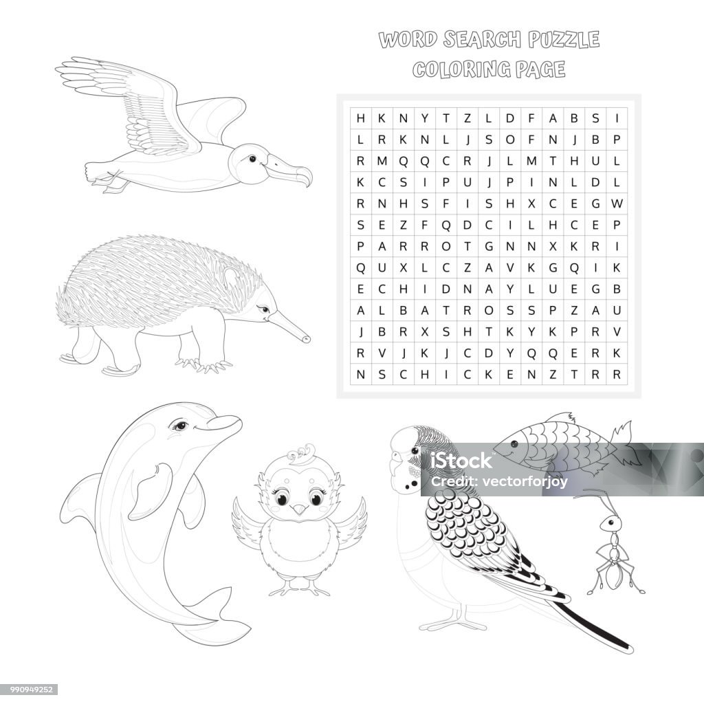Word search puzzle coloring book page vector education game for children about animals worksheet for kids printable version vector illustration stock illustration