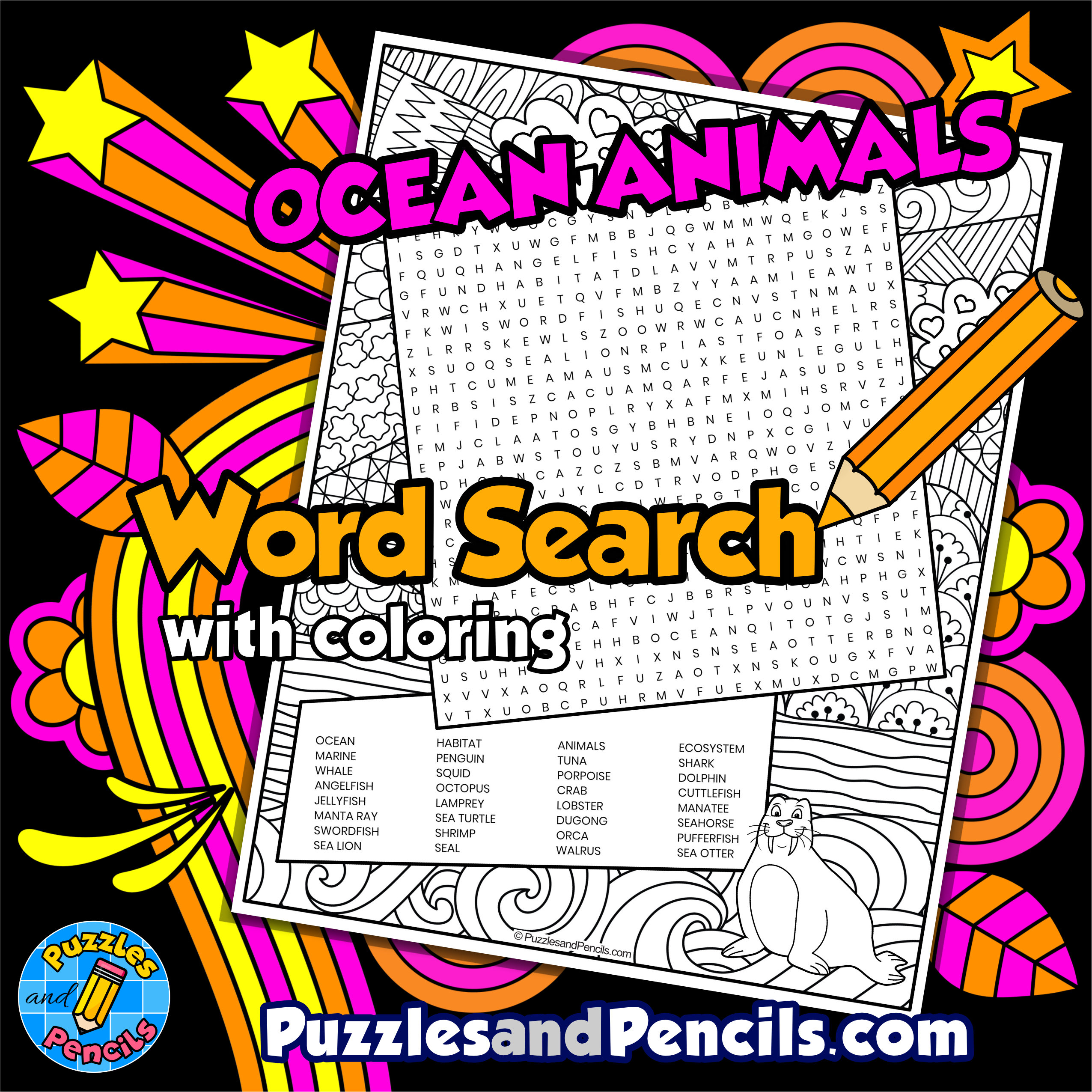 Ocean animals word search puzzle with coloring ocean habitat wordsearch made by teachers