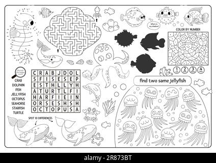 Vector under the sea word search puzzle for kids simple easy ocean life word search quiz for children water animals and fish educational activity wi stock vector image art