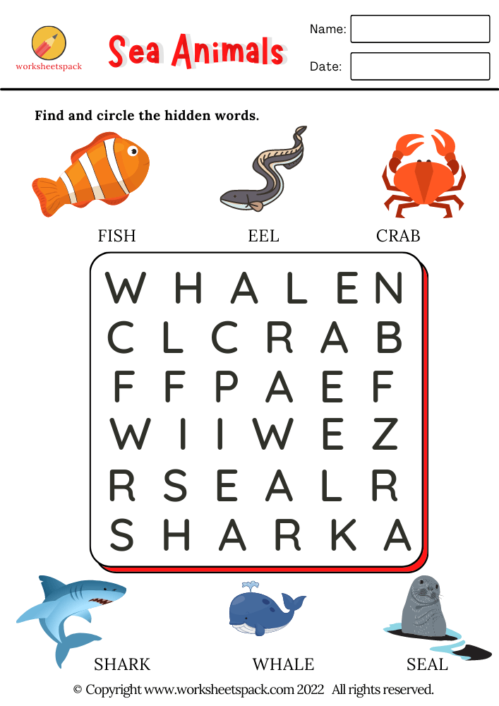 Free printable sea animals worksheets