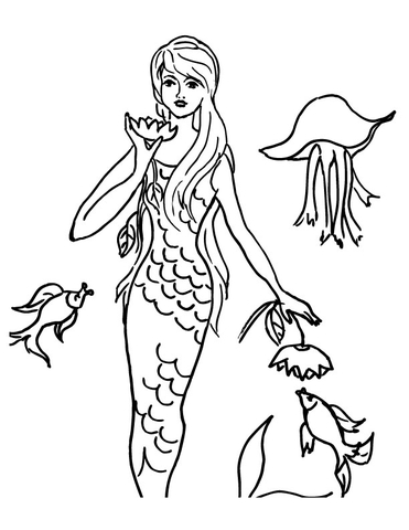 Mermaid and sea creatures coloring page free printable coloring pages