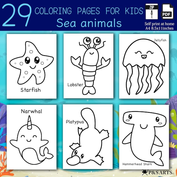 Sea animals simple and jumbo printable coloring pages