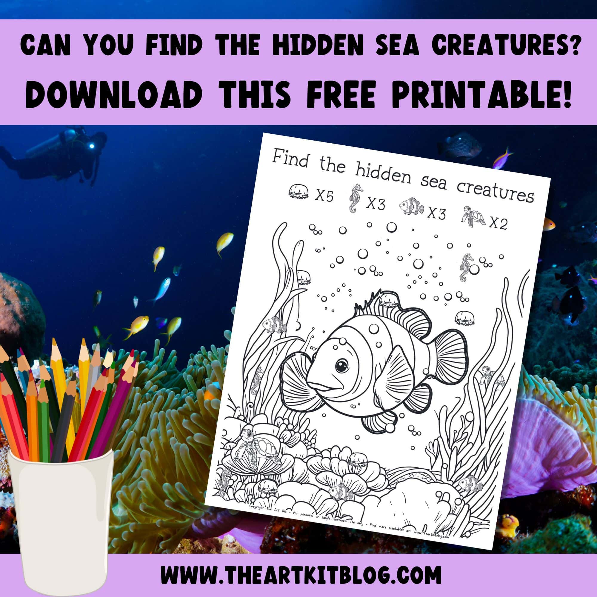 Look and find sea creatures coloring page free printable â the art kit