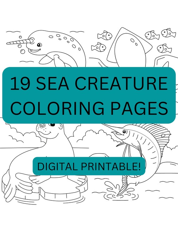 Printable sea creature ocean animals coloring pages for kids to color digital download