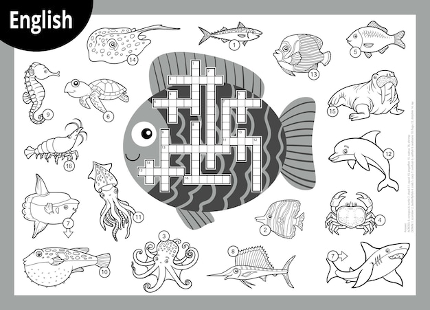 Premium vector vector black and white crossword in english cartoon set of sea animals