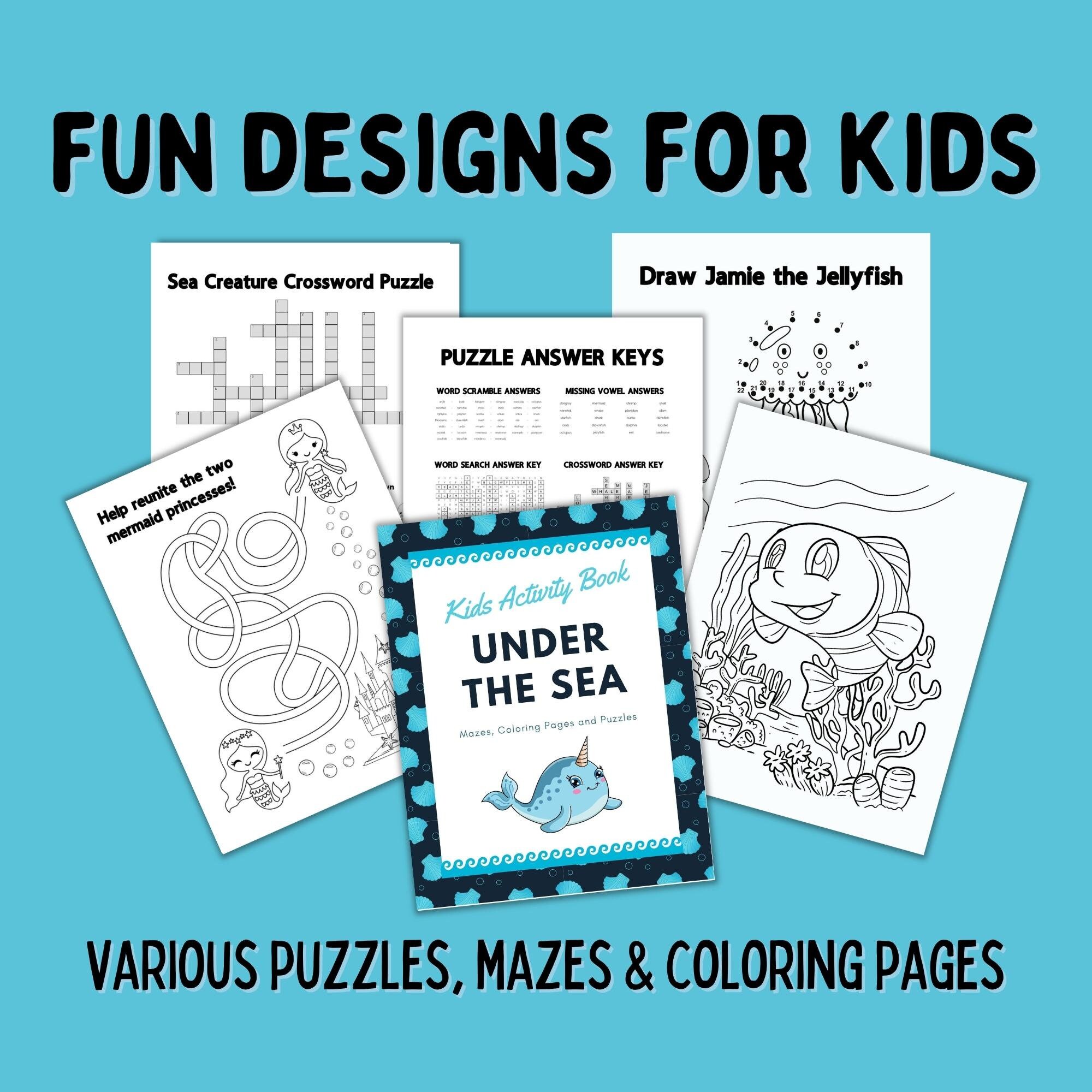 Under the sea kids activity book hand drawn mazes coloring pages puzzles ocean animals page instant download printable