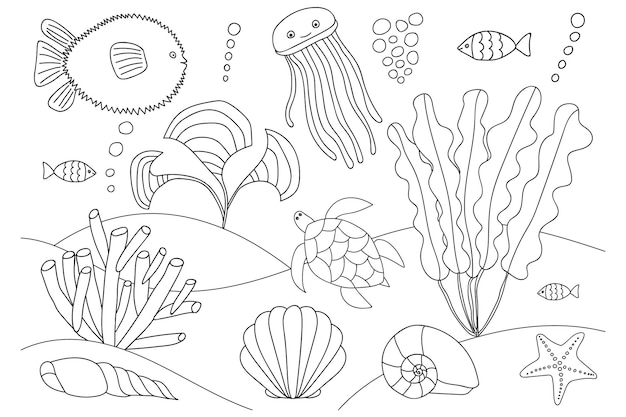 Premium vector coloring page with sea animals in underwater world with algae bubbles isolated coloring book for kids and adults ball fish jellyfish reef fish turtle shell seaweed sea grass starfish