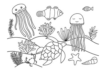 Premium vector fantastic coloring page with sea animals in underwater world with algae bubbles isolated coloring book for kids and adults turtle jellyfish reef fish shell seaweed sea grass starfish