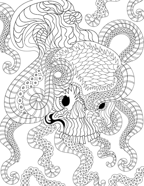 Premium vector octopus holding skull underwater surrounded with sea grass line drawing for coloring book