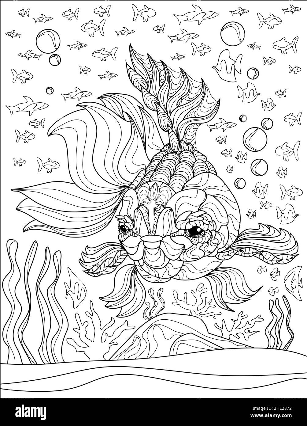 Gold fish swimming with bubbles and seagrass backgrounds and smaller babies around line drawing coloring book stock vector image art