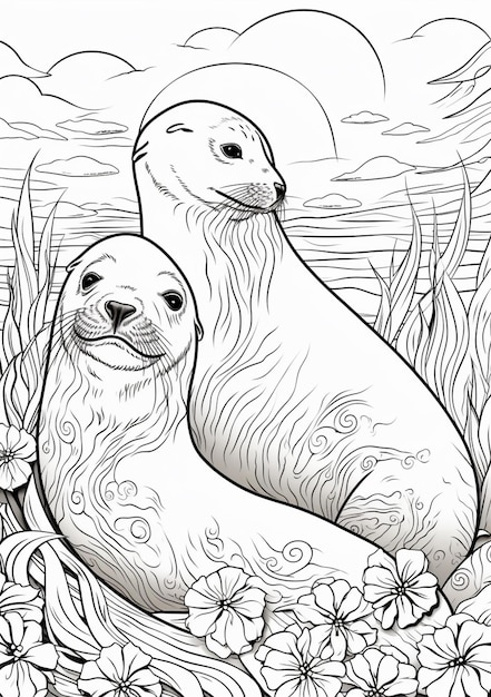 Premium ai image a coloring page of two sea lions in the grass generative ai