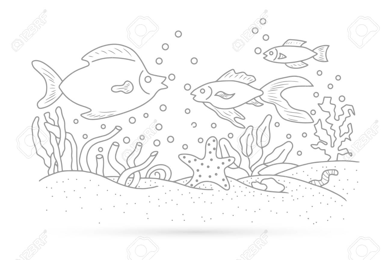 Outline underwater grass with fish seaweed sketch kids hand drawing art line coloring for dook vector stock illustration royalty free svg cliparts vectors and stock illustration image