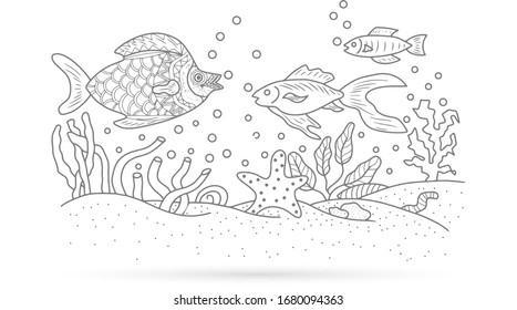 Outline underwater grass fish seaweed sketch stock vector royalty free