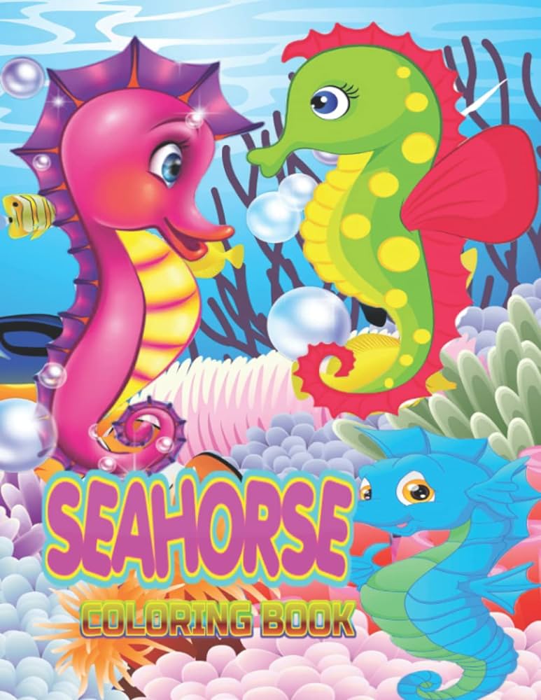 Seahorse coloring book illustrations seahorses colouring book for toddlers kids and adults illustration of a beautiful mermaid next to sea grass fish dolphin starfish and seahorses cute sea life
