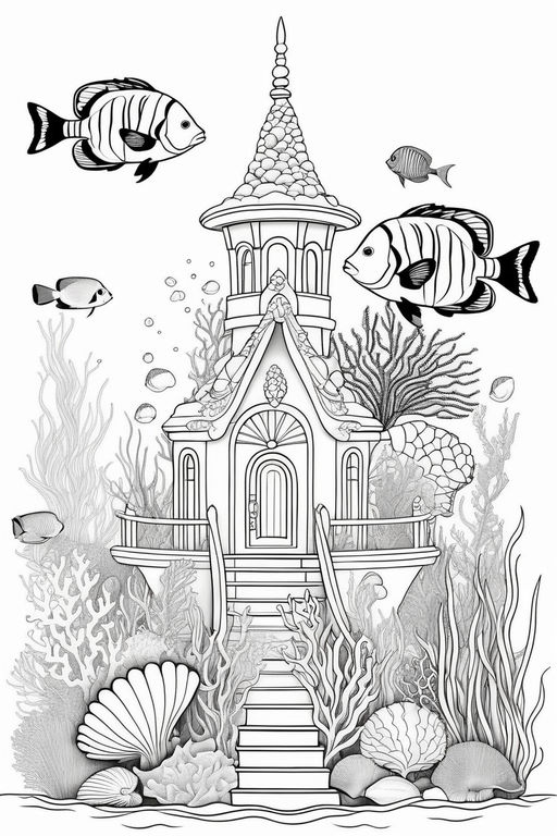 Beautifull romantic seaside lanscape coloring book page for adults