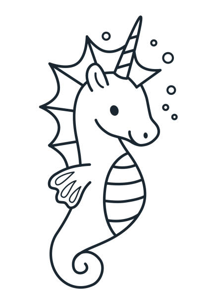 Cute sea horse unicorn simple cartoon coloring page vector illustration simple flat line doodle coloring page icon contemporary style design element isolated on white magical creatures fantasy fairy dreams theme stock illustration