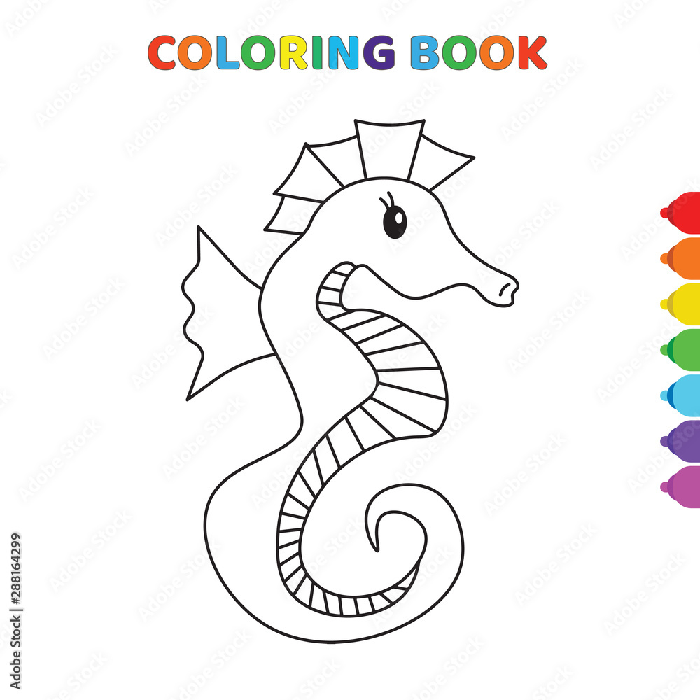 Cute cartoon sea horse front view coloring book for kids black and white vector illustration for coloring book sea horse front view concept hand drawn illustration vector