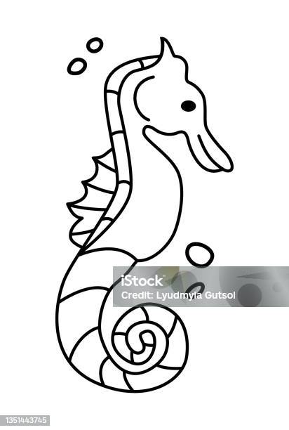 Cute sea horse unicorn simple cartoon coloring page vector illustration simple flat line doodle coloring page icon contemporary style design element isolated on white magical creatures fantasy fairy dreams theme stock illustration