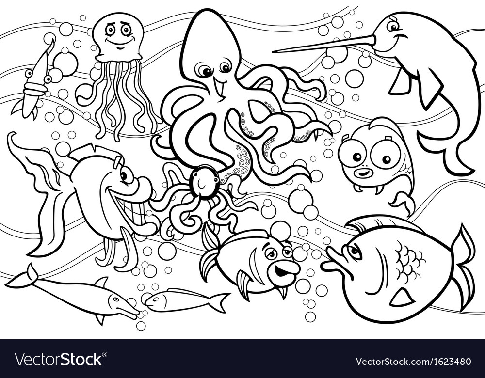 Sea life animals group coloring page royalty free vector