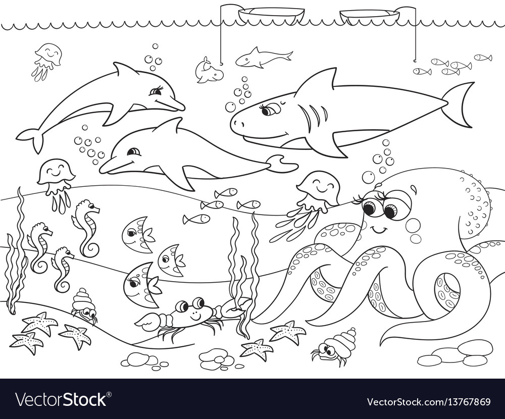 Seabed with marine animals coloring royalty free vector