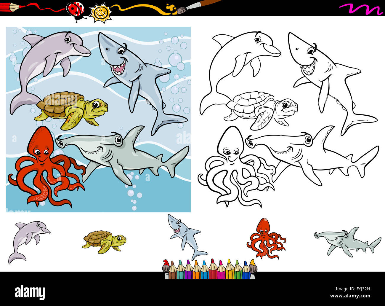 Sea life animals group coloring hi