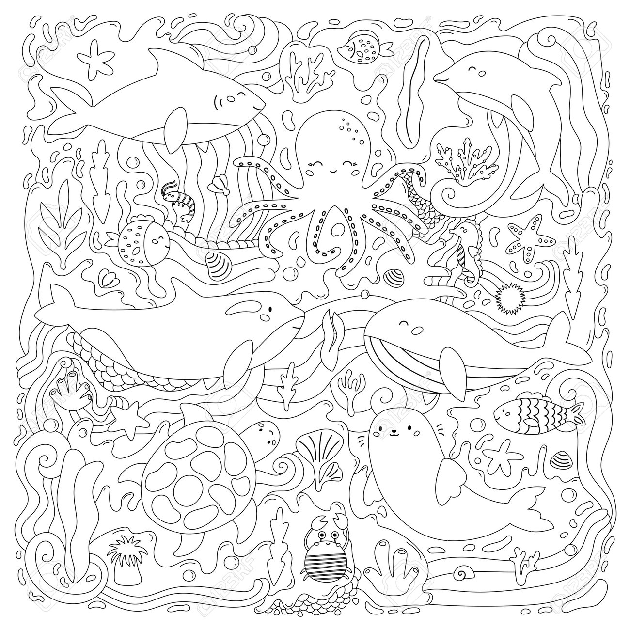 Coloring page for adults and kids marine life cartoon sea and ocean animals hand drawn underwater plants seaweeds and corals anti stress doodle coloring book black and white vector illustration royalty free