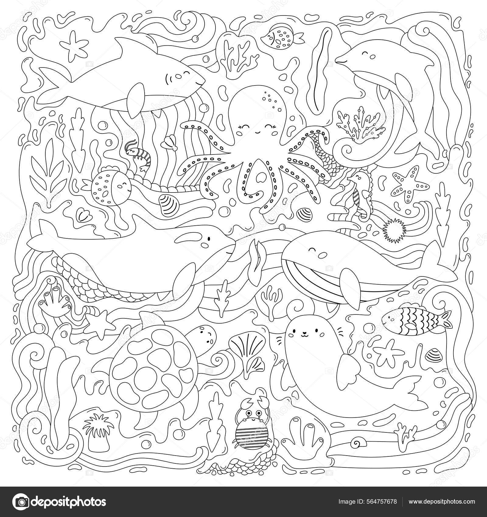 Coloring page for adults and kids marine life cartoon sea and ocean animals hand drawn underwater plants seaweeds and corals anti stress doodle coloring book black and white vector illustration stock vektor