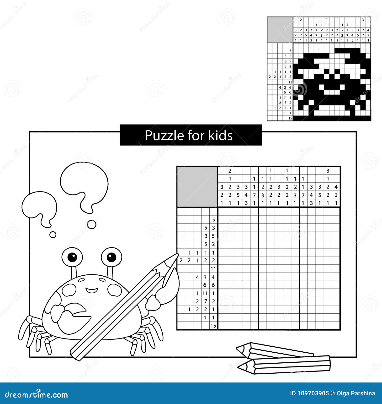 Puzzle game for school children crab black and white japanese crossword with answer stock vector