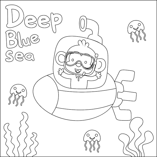 Premium vector a monkey in a submarine that says deep blue sea