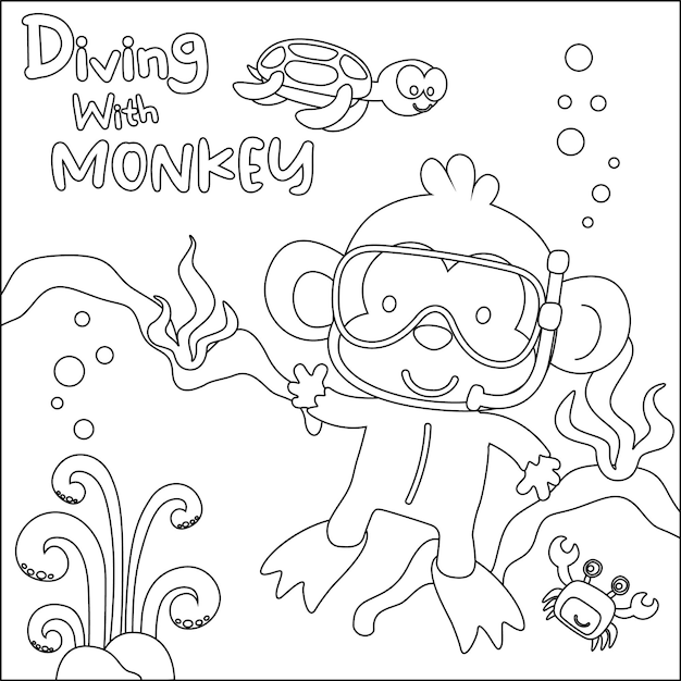 Premium vector cute monkey in snorkel mask diving in the sea isolated on white background colouring book or page