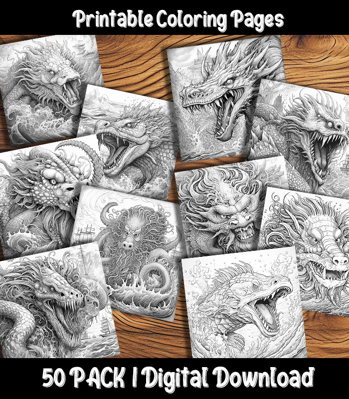 Sea monster coloring pages digital pack happy colorist