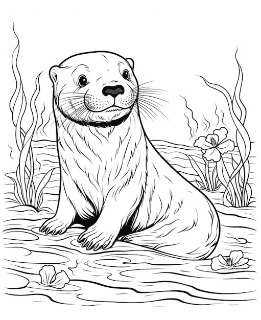 Premium ai image a coloring page of a sea otter sitting on the water generative ai