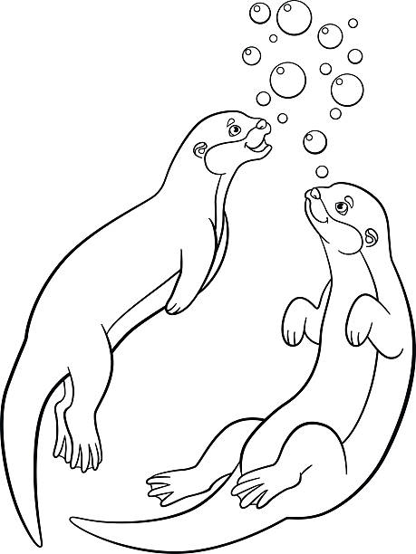 Coloring pages two little cute otters swim stock illustration