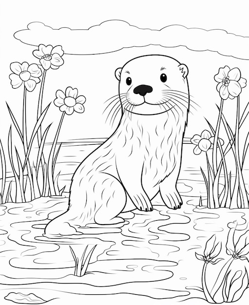 Premium ai image a coloring page of a sea otter sitting in the water generative ai