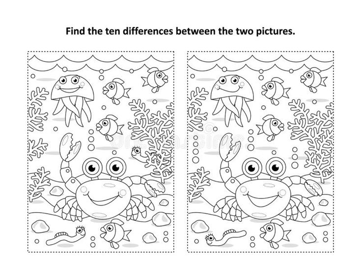 Find ten differences picture puzzle and coloring page crab sea life black and white find ten differences undeâ picture puzzles coloring pages coloring books