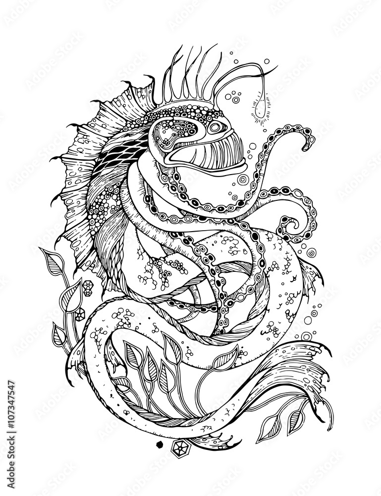 Angler fish tattoo sea monster tattoo adult coloring page with sea monster sea monster vector sea monster isolated sea monster cartoon sea monster design angler fish vector vector