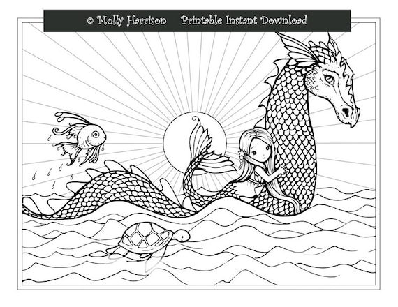 Cute mermaid riding sea serpent fish and turtle coloring