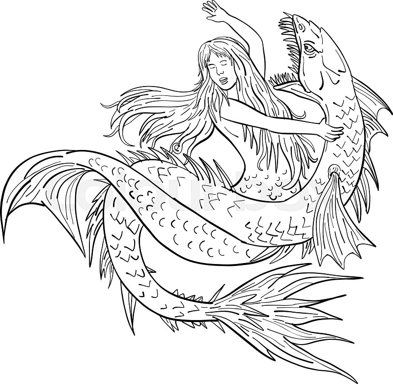 Mermaid fighting a sea serpent drawing black and white stock vector