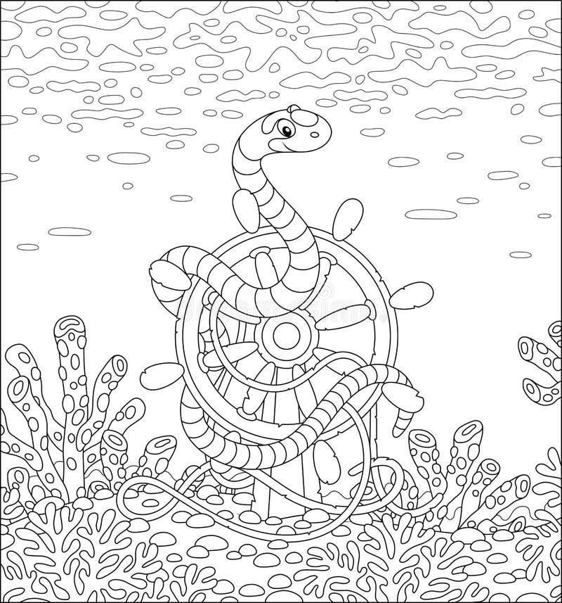 Poisonous sea snake on a helm among corals stock vector