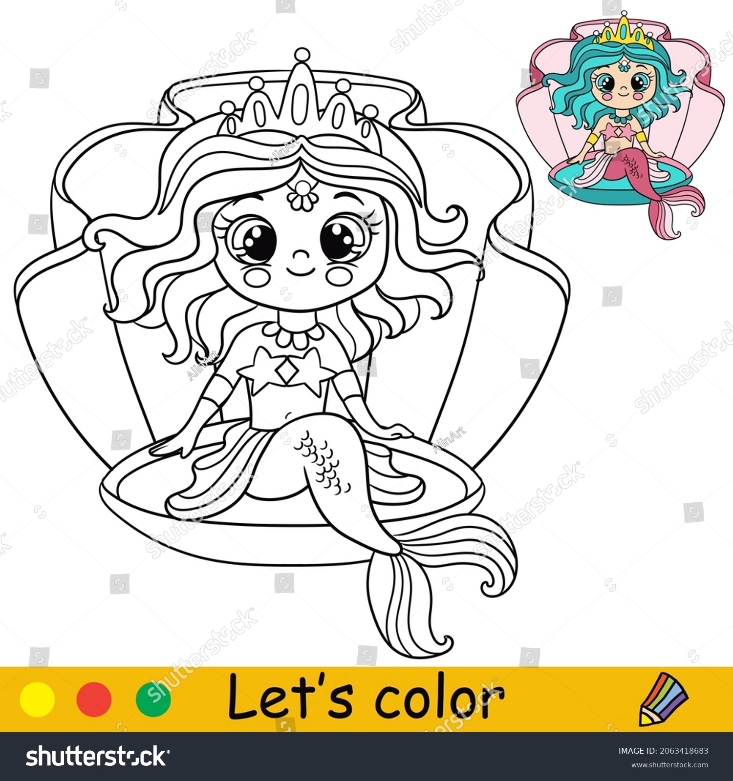 Cute cartoon mermaid sitting seashell coloring stock vector royalty free