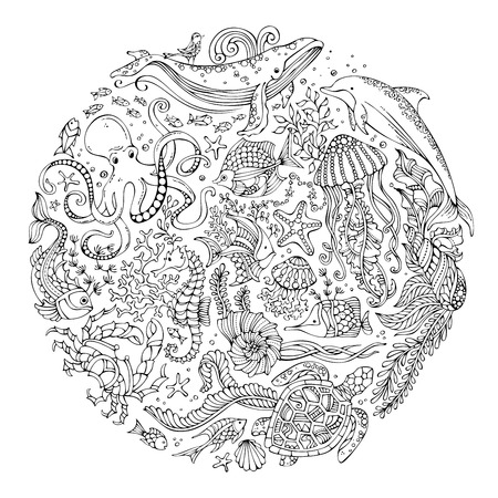 Circle vector set of doodles wild sea life contours of whale dolphin turtle fish starfish crab octopus shell jellyfish algae underwater animals and plants coloring book for adults template ù ùùø øªøµù ùù ù