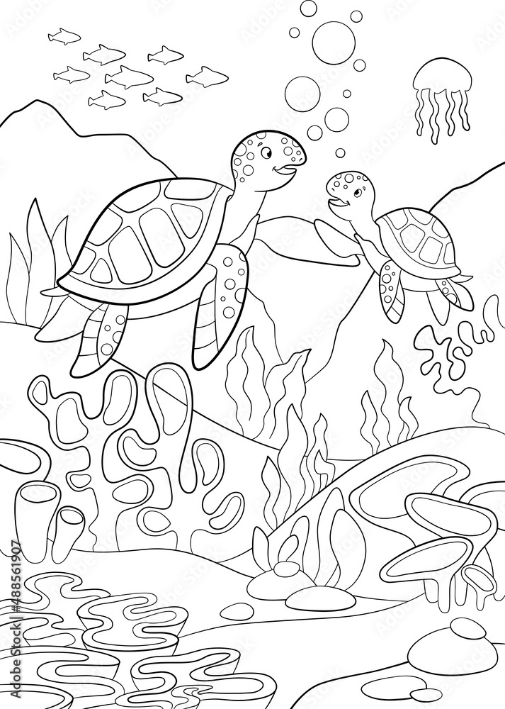Coloring page mother sea turtle swims with her little cute baby sea turtle and smiles they are underwater vector