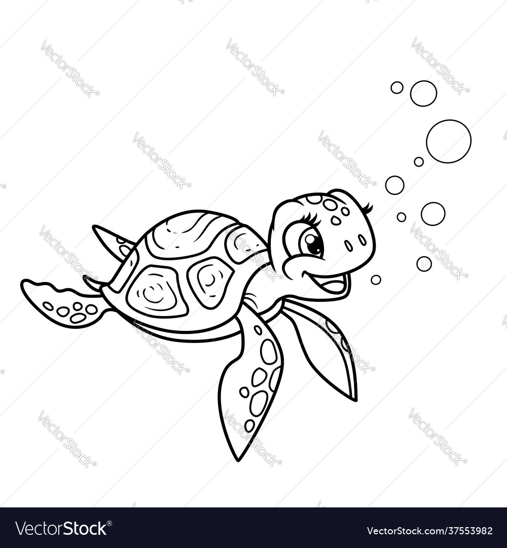 Cute little sea turtle outlined for coloring page vector image