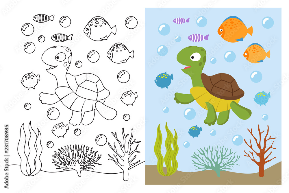 Turtle coloring pages cartoon swimming sea animals underwater vector illustration for kids coloring book underwater sea turtle animal and fish vector