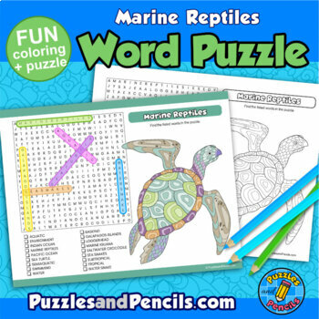 Marine reptiles word search puzzle and coloring activity page sea turtle