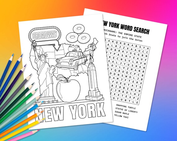 State of new york usa coloring page word search puzzle fun geography activity for kids educational color in united states map