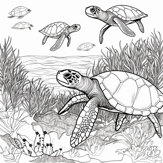 Sea turtles page coloring book for adults and children grayscale printable pdf coloring page instant download instant download
