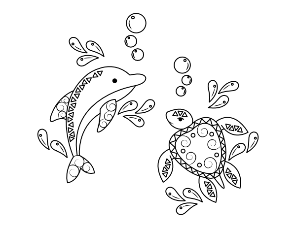 Printable dolphin and sea turtle coloring page