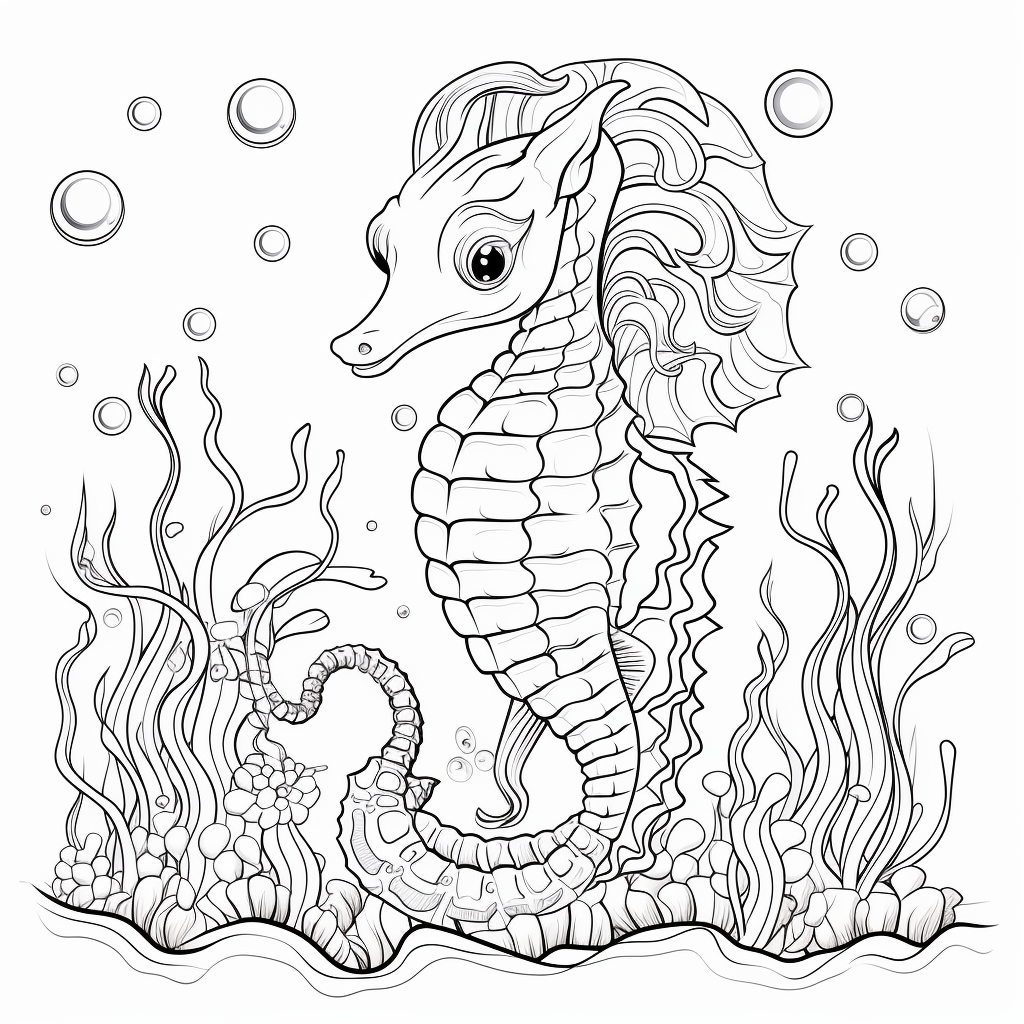 Seahorse coloring page for kids midjourney by fbombheart on